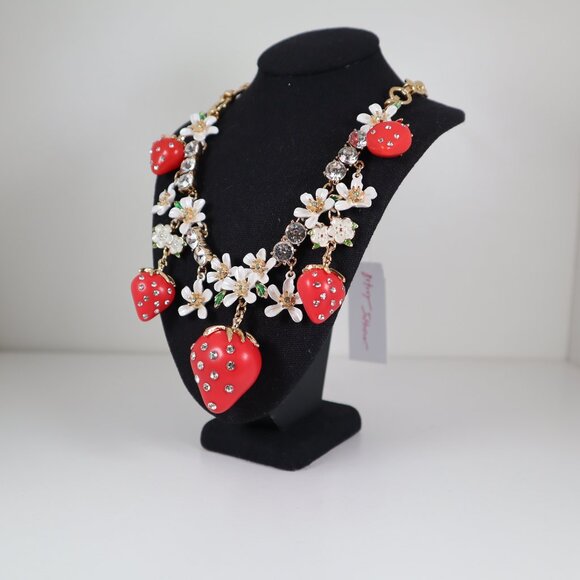BETSEY JOHNSON Strawberries Gold/Red Floral Statement Charm Necklace NWT - Picture 1 of 4
